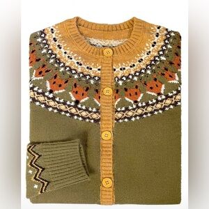 Cozy vintage Olive Green Fox Pattern Cardigan Sweater NWOT